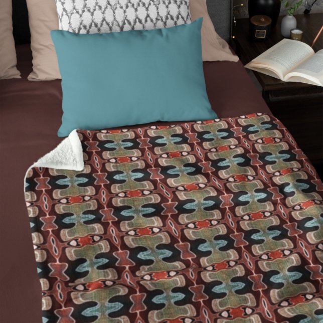 Dark Maroon Red Orange Teal Blue Green Tribe Art Fleece Blanket (Creator Uploaded)