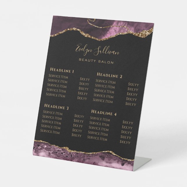 Dark Mauve Agate Beauty Salon Price List Pedestal Sign (Front)