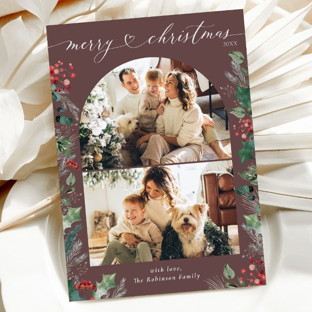 Dark Mauve Botanical 2 Photo Arch Christmas Card  (Creator Uploaded)