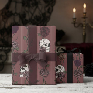 Dark Mauve Gothic Skull & Rose Stripes Wrapping Paper