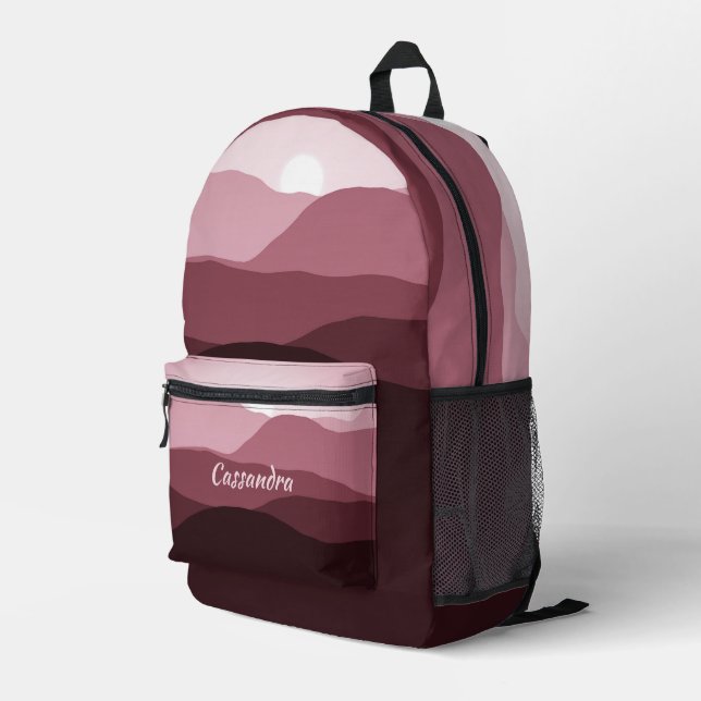 Dark Mauve Light Pink Maroon Red Waves Pattern Printed Backpack (Back Corner Right)