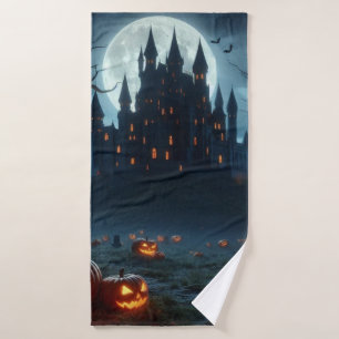 Dark, mediaeval castle, bats, & pumpkins bath towel