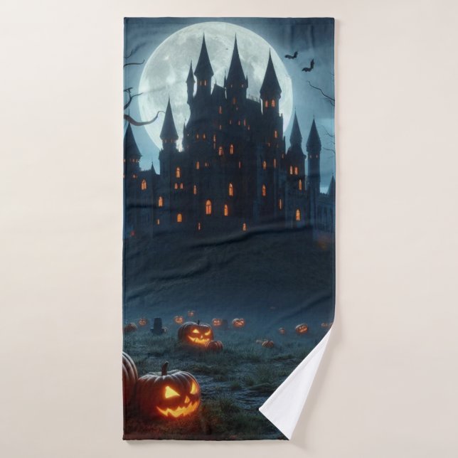Dark, mediaeval castle, bats, & pumpkins bath towel (Bath Towel)