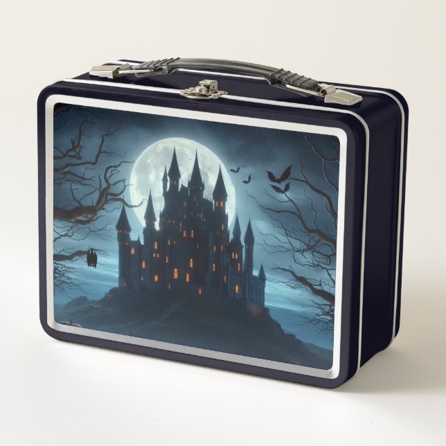 Dark, mediaeval castle, bats, & pumpkins metal lunch box (Front)