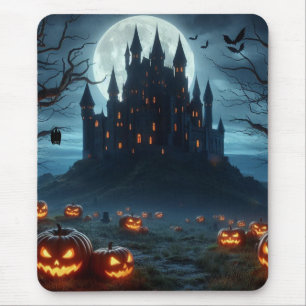 Dark, mediaeval castle, bats, & pumpkins mouse pad