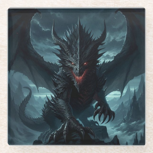 Dark, Mediaeval Dragon  Glass Coaster (Front)