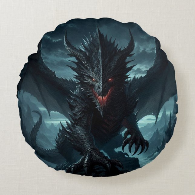 Dark, Mediaeval Dragon  Round Cushion (Front)