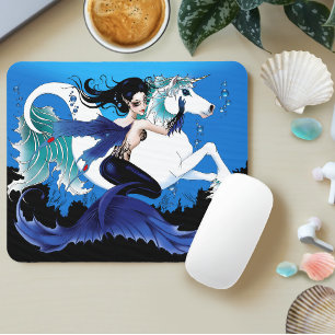 Dark Mermaid Fairy Unicorn Sea Horse Blue Fantasy Mouse Pad