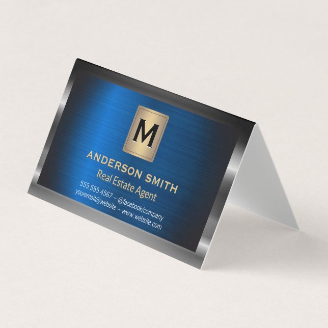 Dark Metallic Frame | Blue Metallic Background Business Card (Front)