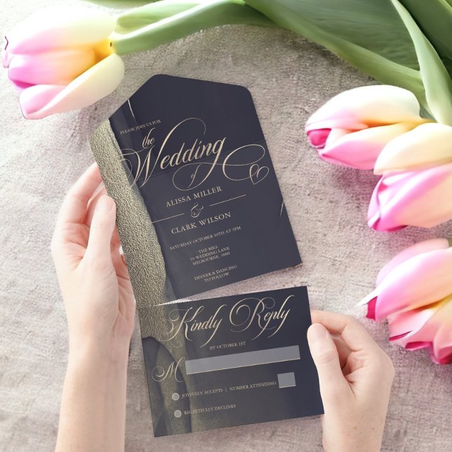 Dark Midnight Blue & Gold Modern Painterly Wedding All In One Invitation (Creator Uploaded)