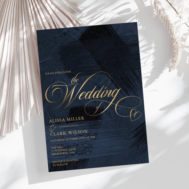 Dark Midnight Blue & Gold Modern Painterly Wedding Invitation (Creator Uploaded)