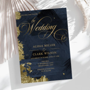 Dark Midnight Blue, Gold Painterly Wedding Invitation