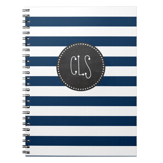Dark Midnight Blue Stripes; Retro Chalkboard Spiral Notebook (Front)