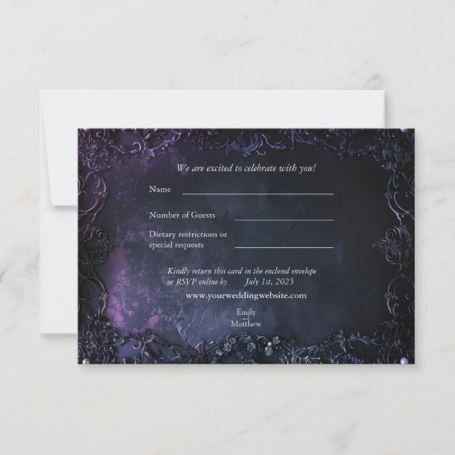 Dark Midnight Gothic Elegance Wedding RSVP Card (Front)