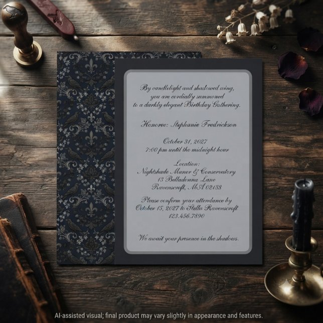 Dark Midnight Gothic Raven Birthday Invitation (Victorian raven invitation for gothic birthday celebration.)