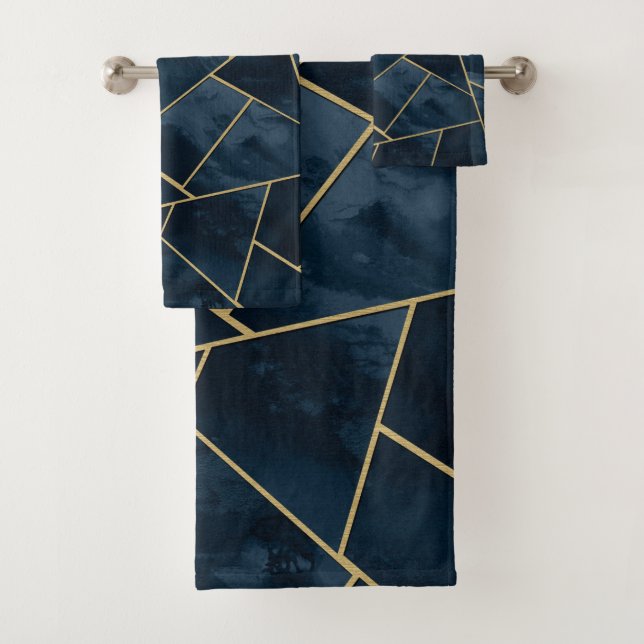 Dark Midnight Navy Blue Gold Geometric Glam #1 Bath Towel Set (Insitu)
