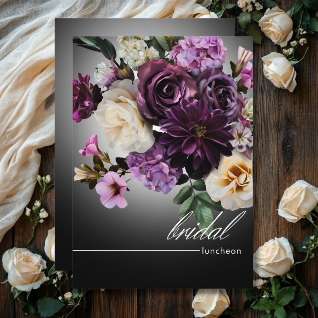 Dark Midnight Purple Floral Romance Bridal Lunch Invitation (Dark Midnight Purple Floral Romance Bridal Lunch Invitation)