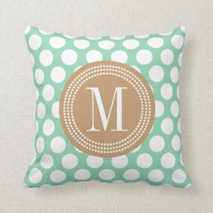 Dark Mint & Khaki Big Polka Dots Monogrammed Cushion