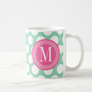 Dark Mint & Pink Big Polka Dots Monogrammed Coffee Mug