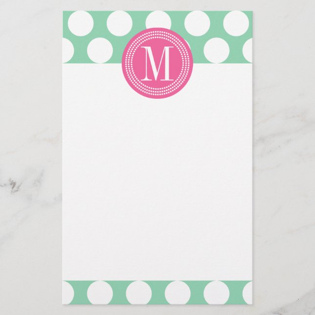 Dark Mint & Pink| Big Polka Dots Monogrammed Stationery (Front)