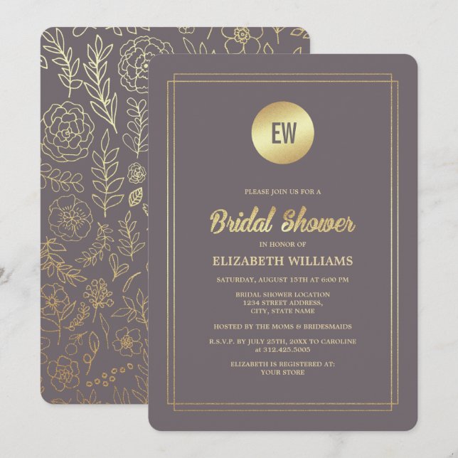 Dark Mocha Gold Floral Bridal Shower  Invitation (Front/Back)