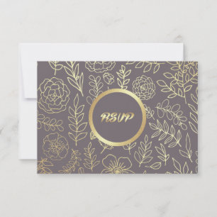 Dark Mocha Gold Floral Pattern Wedding RSVP Card
