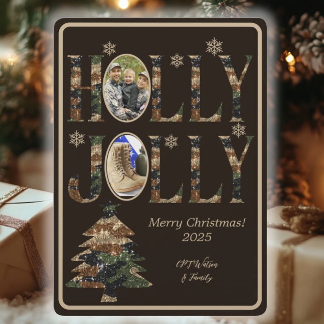 Dark Mocha Photo Camo Holly Jolly Merry Christmas Holiday Card (Creator Uploaded)