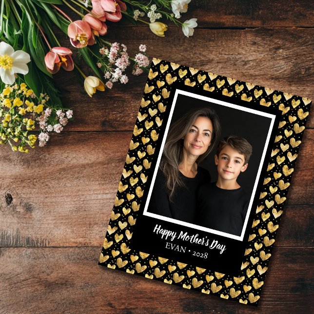 Dark Mode Golden Hearts Mother's Day Card (Dark mode faux gold hearts Mother's Day card)