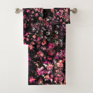 Dark Modern Abstract Pink Burgundy Flowers  Bath Towel Set