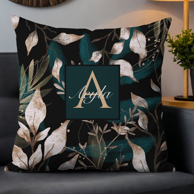 Dark Modern Boho Botanical Leaves Monogram Cushion (Creator Uploaded)