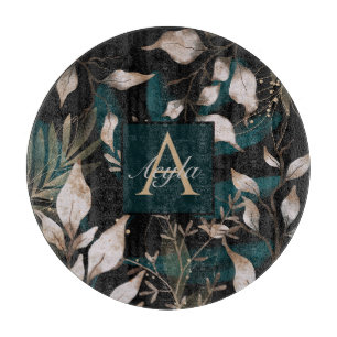 Dark Modern Boho Botanical Leaves Monogram Cutting Board