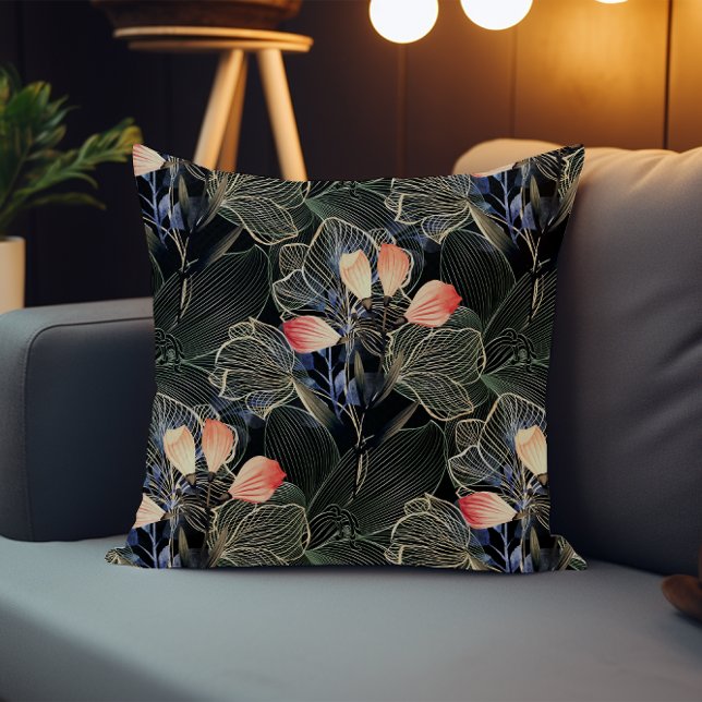 Dark Modern Elegant Boho Floral Black Cushion (Creator Uploaded)