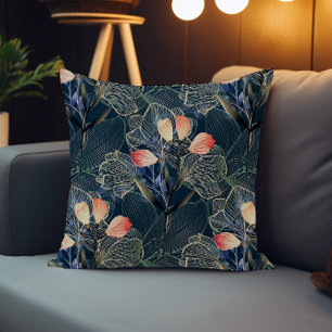 Dark Modern Elegant Boho Floral Blue Cushion