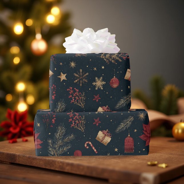 Dark Modern Elegant Holiday Patterns Pine Berry Wrapping Paper (Creator Uploaded)