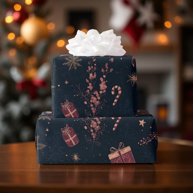 Dark Modern Elegant Holiday Patterns Pine Berry Wrapping Paper (Creator Uploaded)
