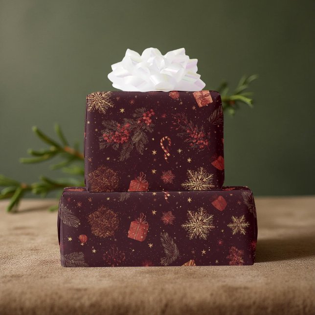 Dark Modern Elegant Holiday Patterns Pine Berry Wrapping Paper (Creator Uploaded)
