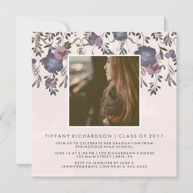 Dark Modern Floral | Photo Graduation Party Invitation (Front)