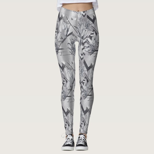 Dark Modern Geometric Tulip Line Art Pattern (2) Leggings (Front)