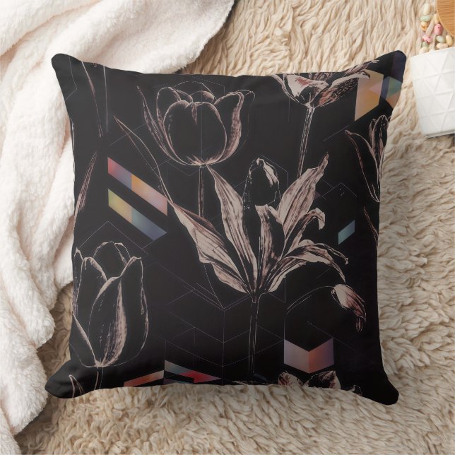 Dark Modern Geometric Tulip Line Art Pattern Cushion (Blanket)