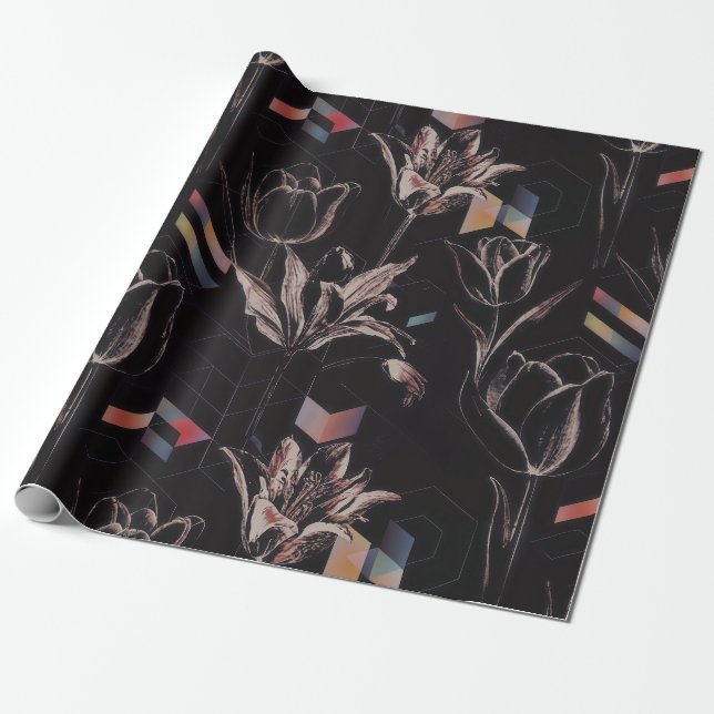 Dark Modern Geometric Tulip Line Art Pattern Wrapping Paper (Unrolled)