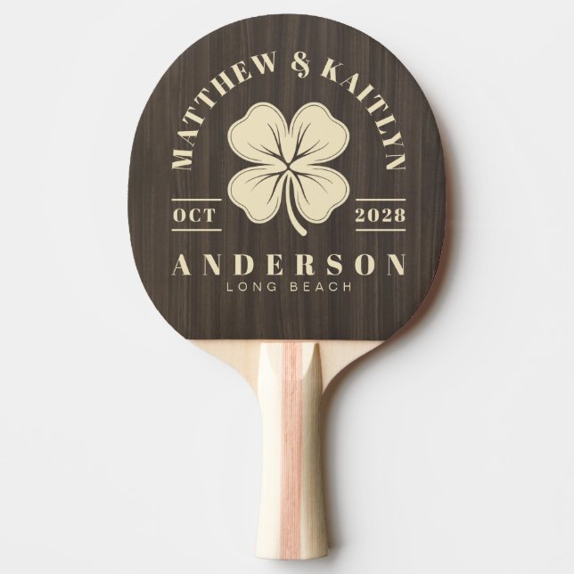 Dark Modern Wood Irish Clover Wedding Crest Ping Pong Paddle (Front)