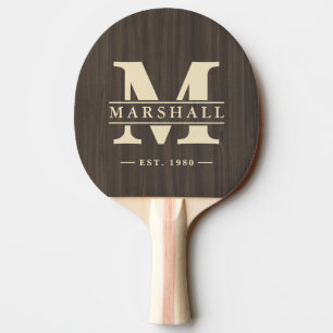 Dark Modern Wood Monogram & Name Overlay Ping Pong Paddle