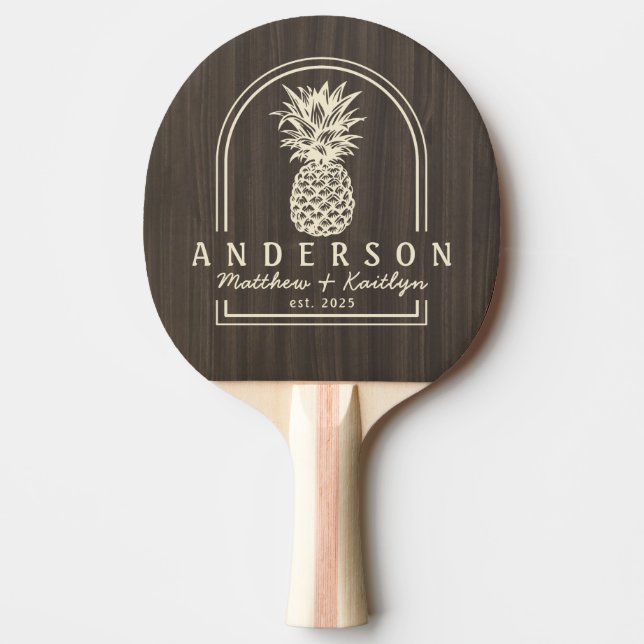 Dark Modern Wood Pineapple Wedding Arch & Name Ping Pong Paddle (Front)