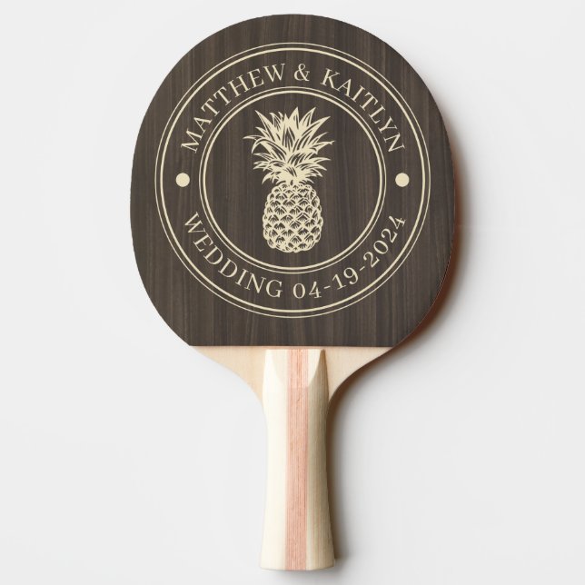 Dark Modern Wood  Pineapple Wedding Names Ping Pong Paddle (Back)