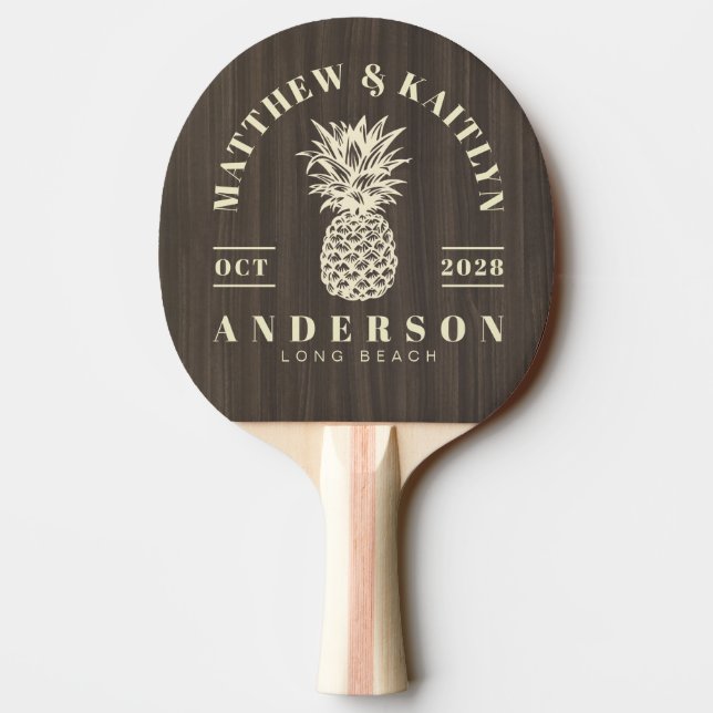 Dark Modern Wood Tropical Pineapple Wedding Ping Pong Paddle (Back)