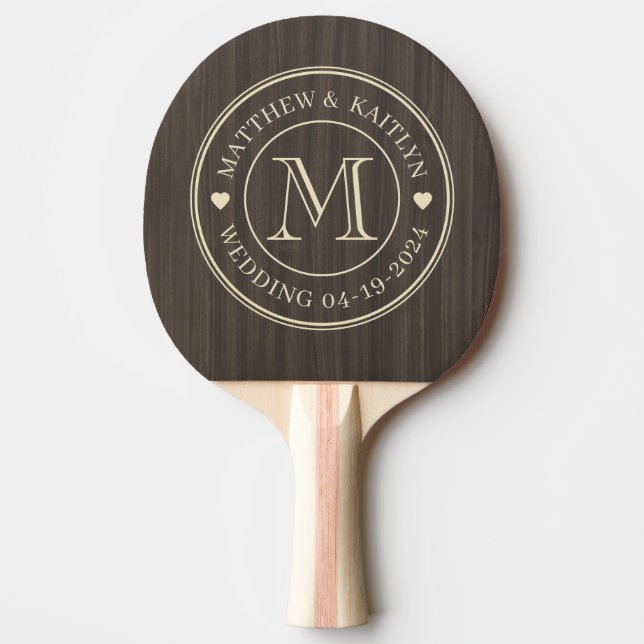 Dark Modern Wood Wedding Monogram Heart Ping Pong Paddle (Front)