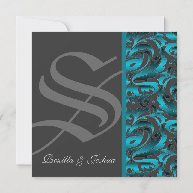 Dark Monogram Teal Damask Wedding Invitation (Front)