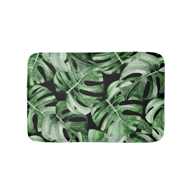 Dark Monstera: Tropical Watercolor Print. Bath Mat (Front)