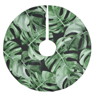 Dark Monstera: Tropical Watercolor Print. Brushed Polyester Tree Skirt