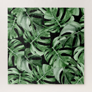 Dark Monstera: Tropical Watercolor Print. Jigsaw Puzzle